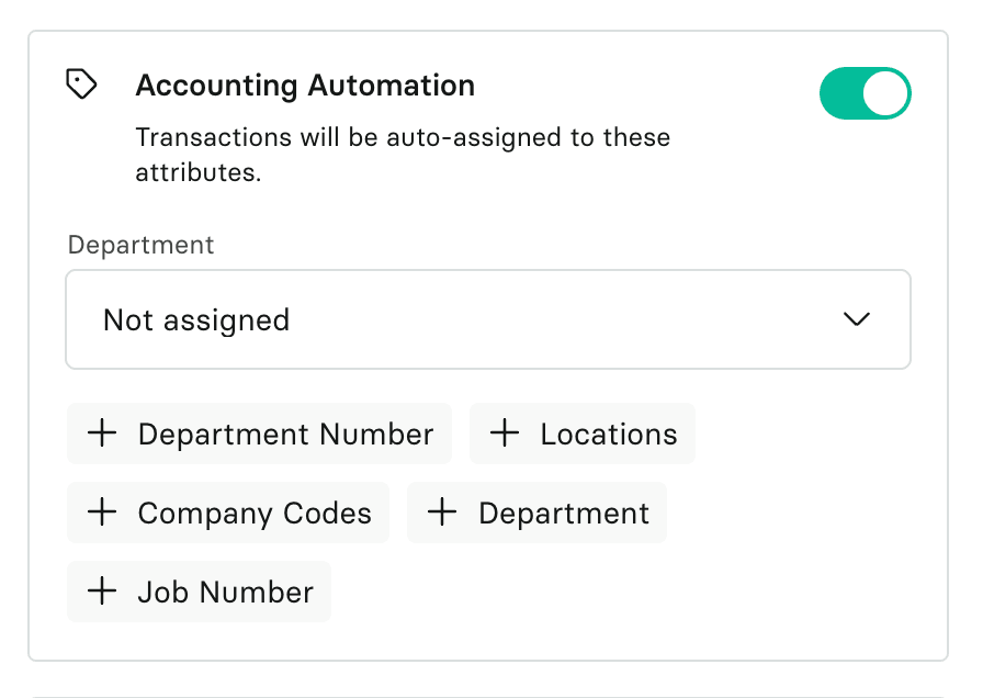 Accounting Automation switched on, with a Department field and buttons to add further attributes